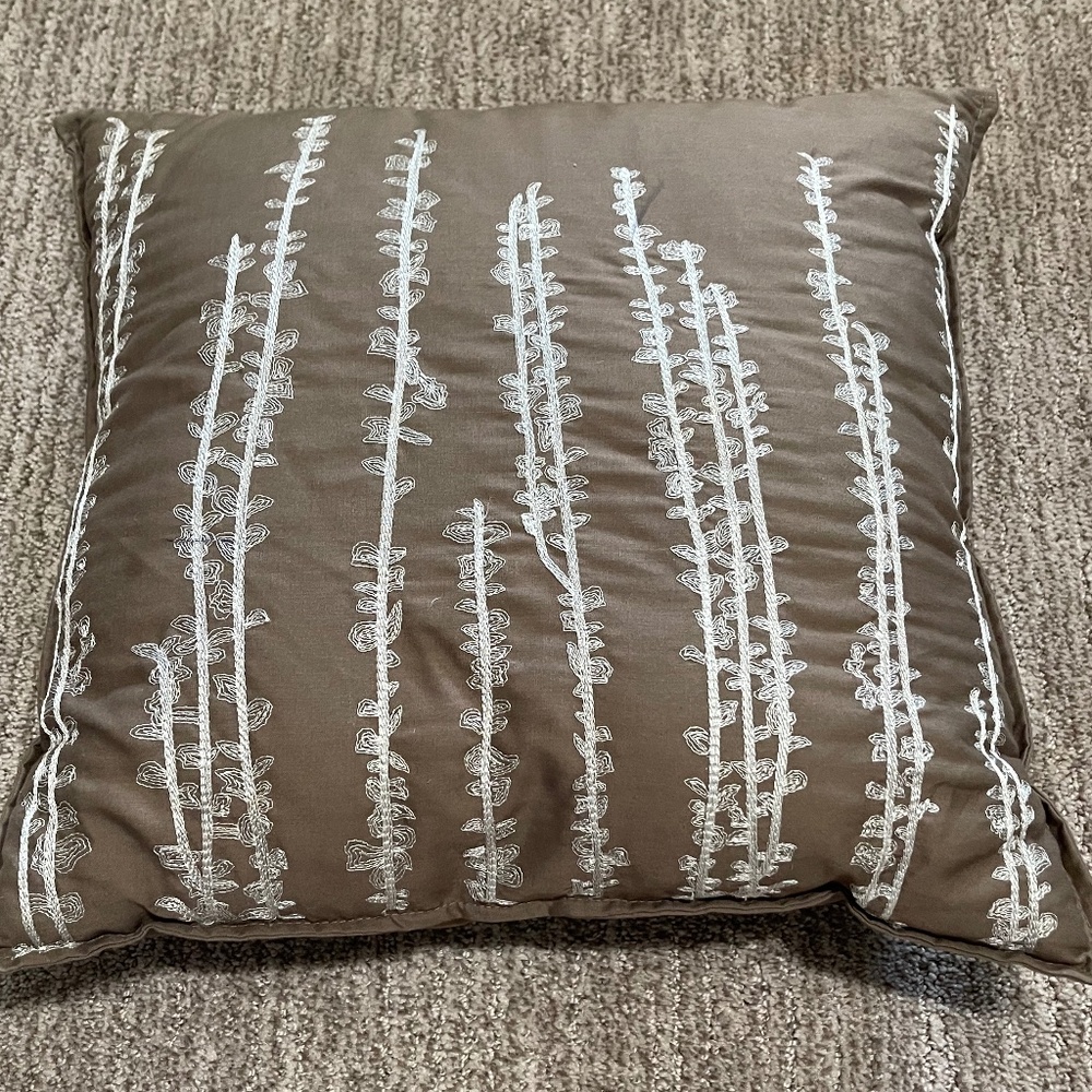 Decorative Throw Pillow – Brown with‎ Cream Natural Embroidery – 14” Square